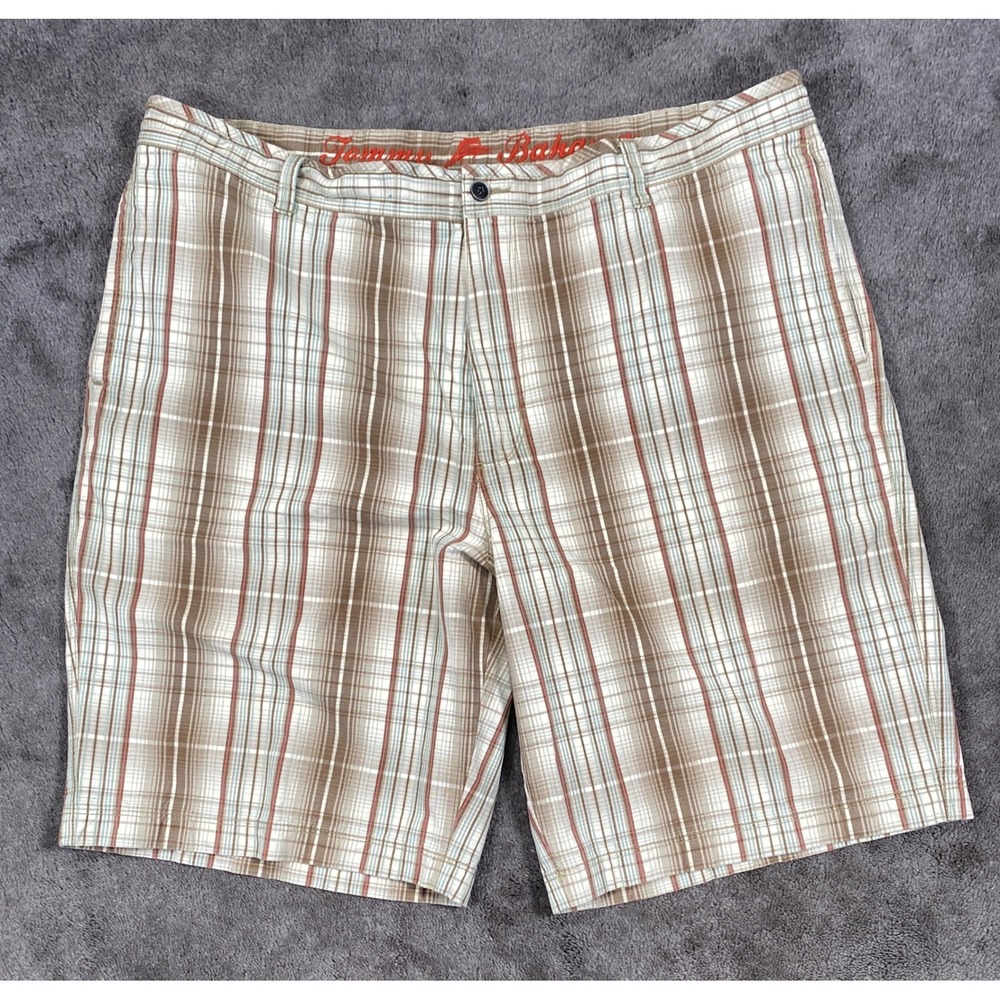 Tommy Bahama Shorts Mens 42 Brown Plaid Silk Cotton Blend Flat Front Casual